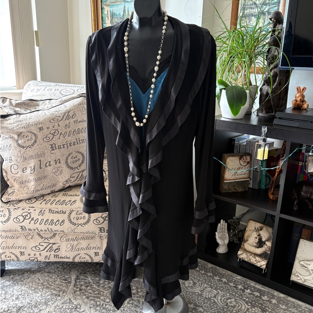 Elegant Black Ruffled Jacket with Leatherette Details